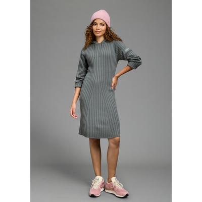 Strickkleid KANGAROOS, Damen, Gr. 42, N-Gr, grau (graugrün), Rippstrick, Obermaterial: 50% Baumwolle, 50% Polyacryl, figurbetont ca. Mitte Oberschenkel, eingesetzt, Kleider Strickkleid, aus Rippstrick, Langarm, figurbetonte Passform, elastisch