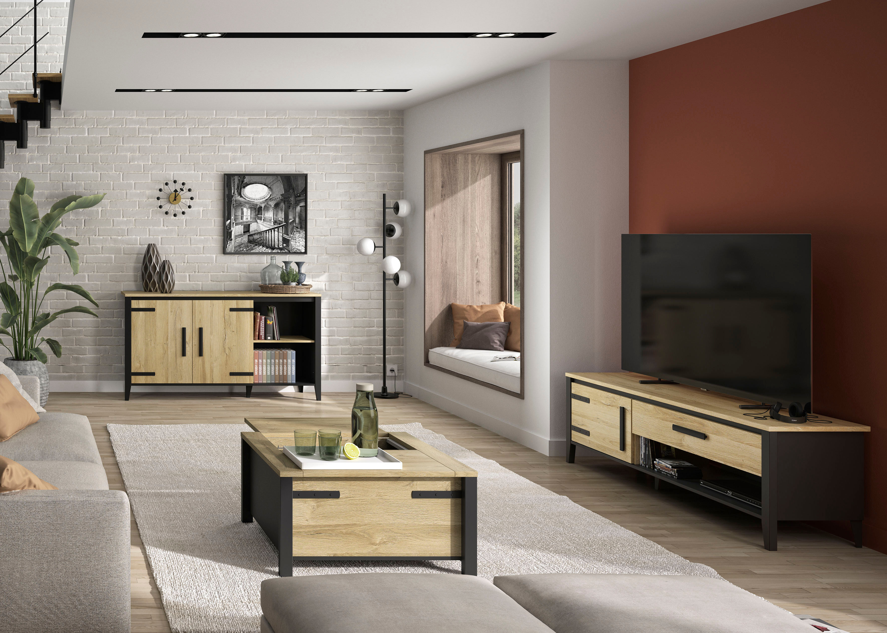 Buffet GAMI "Cork", schwarz (goldeiche, schwarz), B:165cm H:90cm T:45cm, Schränke, Buffet, 2 Volltüren und 2 Nischen. 1 große linke Ablage und 1 rechte Ablage