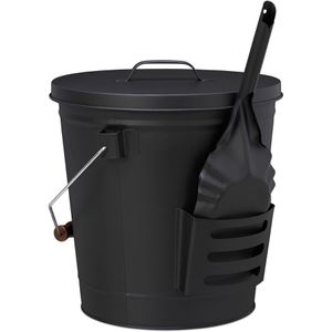 Relaxdays Ascheeimer 10028777, schwarz, mit Holzgriff & Deckel, aus Metall, feuerfest, mit Schaufel, rund, 19 Liter