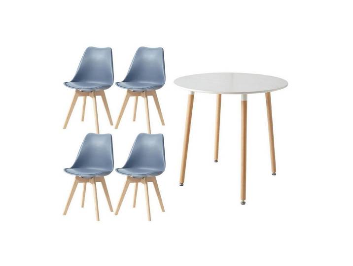 LuxusKollektion Essgruppe Esstisch 4 Esszimmerstühle Patchwork Blaue Stühle Weiß Runder Tisch