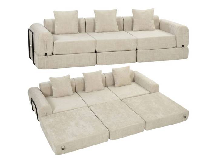 Canapé-lit - HOMCOM - 245 cm - 3 places - pliable compressé modulaire - assise large - 3 coussins - chenille - beige