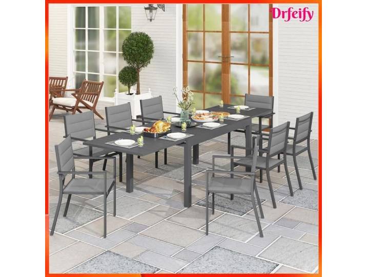 Salon de jardin - AKOZON - 8259 - Table extensible 135-270 cm - Aluminium - 8 chaises empilables