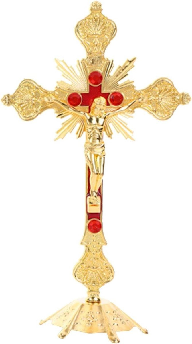 Gouden Kruisbeeld Wanddecoratie met Christus Beeld en Plakker - 10 cm