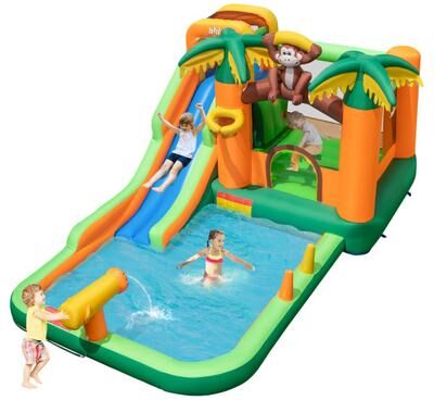 Costway Monkey-Themed Inflatable Bounce House with Slide without Blower