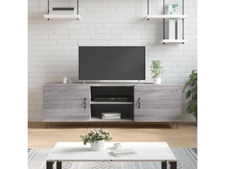 HEFZGDB TV-Schrank Grau Sonoma 150x30x50 cm Holzwerkstoff mit 4 Fächern und Eisenbeinen, robuster Medienunterbau mit praktischer Tür für optimalen Stauraum, Stabiler TV-Ständer
