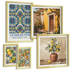 BILDER SET 5er Set - 50x50 cm & 20x30 cm & 40x60 cm Goldrahmen - Zitronen, Blumen, Orangen, Italien