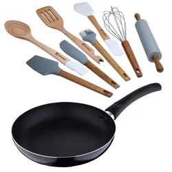 Chef sauce PIXEL - Set bestehend aus einer Ø24x4,5cm Bratpfanne aus gepresstem Aluminium und 8 Küchenutensilien aus Holz und Silikon