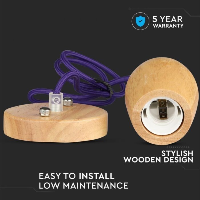 V-Tac Vt-7778-Pr Lampadario Portalampada Led In Legno Noce + Cavo Viola 1 Metro - 3724