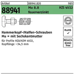 Halfen, Schrauben, Hammerkopfschraube R 88941 Typ HZS41/22 6-kantmutter M 16 x 50 Mu 8.8 feuerverzinkt (25 Schrauben pro Stück)