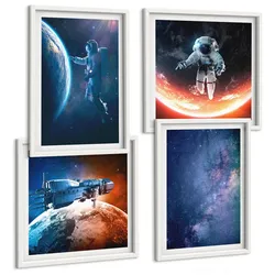 BILDER SET 4er Set - 50x50 cm & 40x60 cm Weißer Rahmen - Weltraum-Astronauten-Sterne