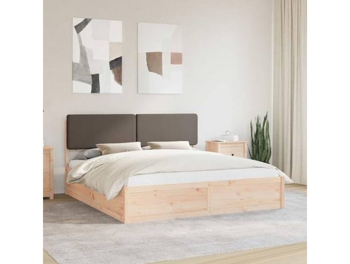 Massivholz Kiefer gepolstertes Kopfteil modernes Design 200 x 200 cm Taupe Bettgestell mit gepolstertem Kopfteil Taupe 200x200 cm Massivholz Kiefer Lattenrost ohne Boxspring Komfortabel Stilvoll