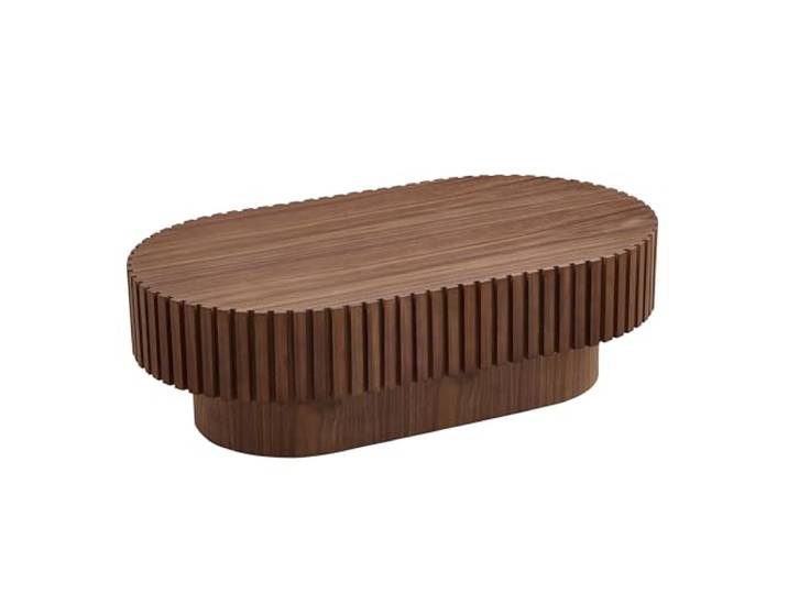 Oval Fluted Coffee Table, Modern Minimalist Center Table with Solid Wood Stripe Accent, MDF with Wood Veneer Construction, Contemporary Accent Table for Living Room, Bedroom, and Office (Walnut color)