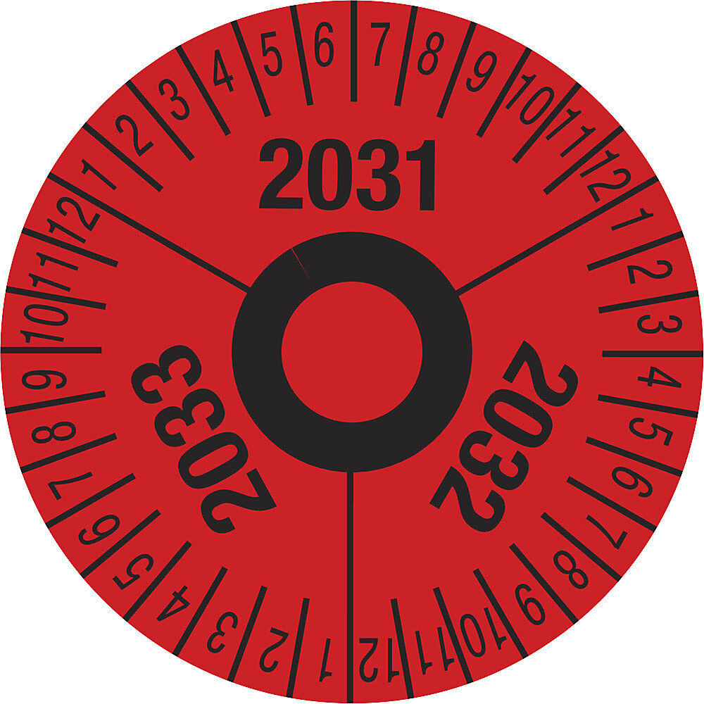 kaiserkraft Prüfplakette, Mehrjahreszahlen, rot, Folie, Ø 40 mm, VE 10 Stk, 2031 - 2033