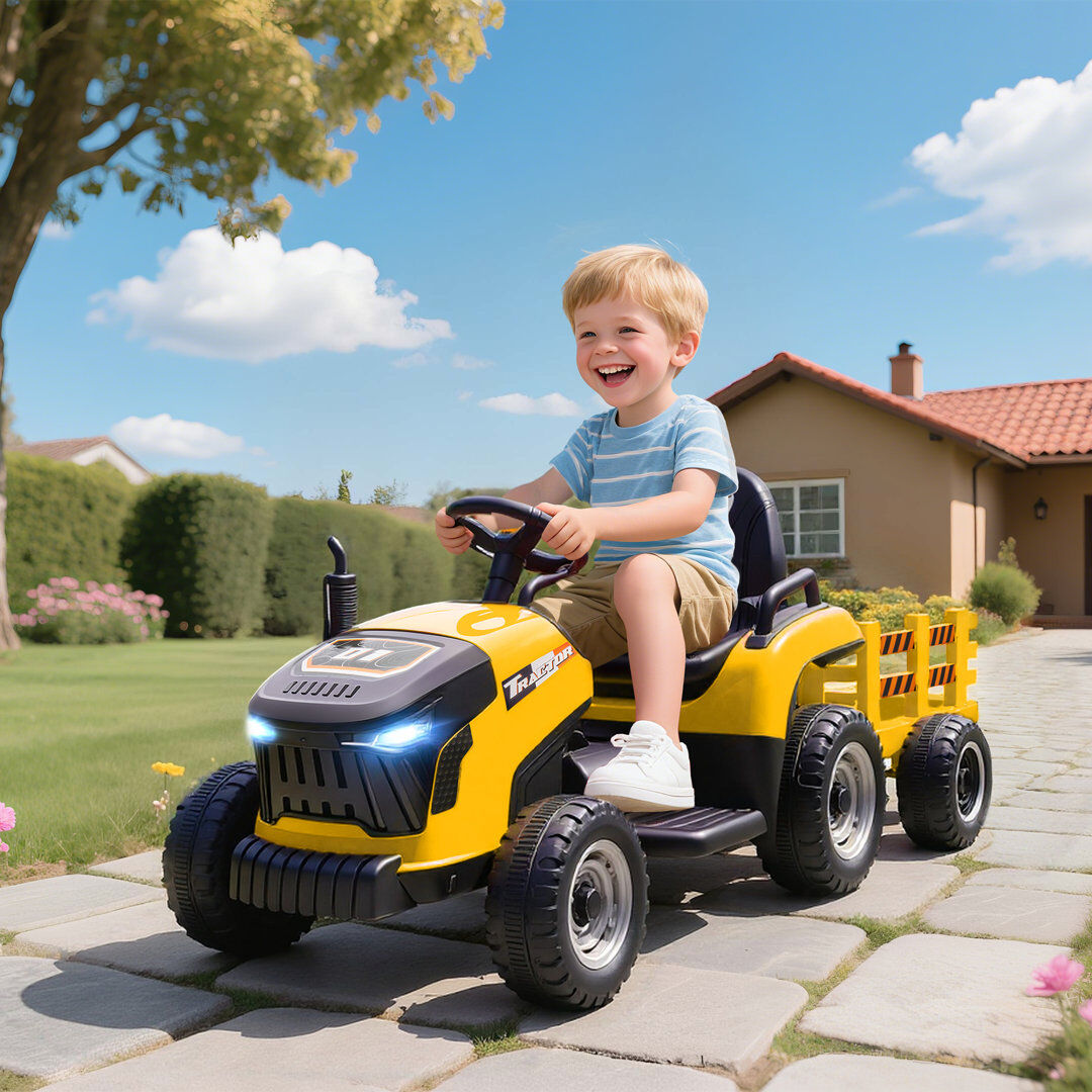 HOMCOM AIYAPLAY Ride on Tractor and Trailer, 12V Electric Ride on Tractor Yellow 1