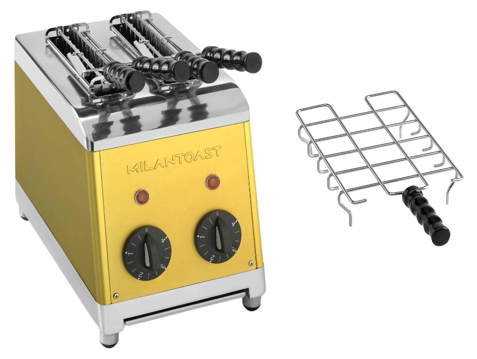 Milantoast 2-er Toaster mit Zangen Gold mit Brötchenaufsatz