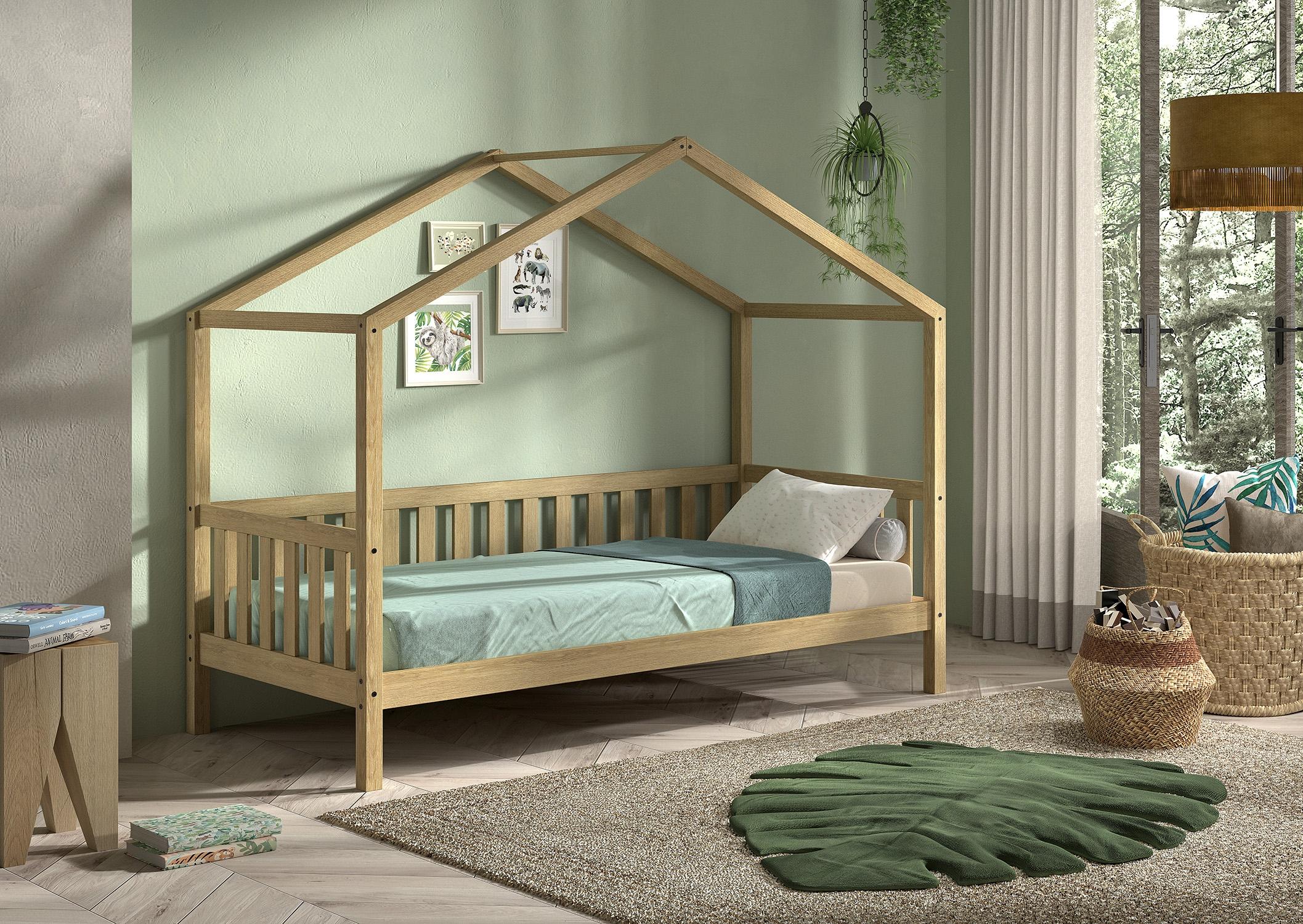 VIPACK - Dallas 1 Hausbett mit seitlicher Umrandung 90x200cm Liegefläche, Eiche Natur
