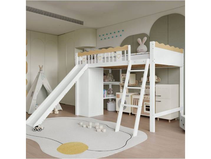 VUENOR Lit mezzanine enfant 90x200 cm blanc et naturel – toboggan et rangement sans matelas