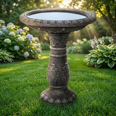 Meedzom 24.4Inch Tall Fiber Reinforced Concrete Bird Bath with Modern Pedestal