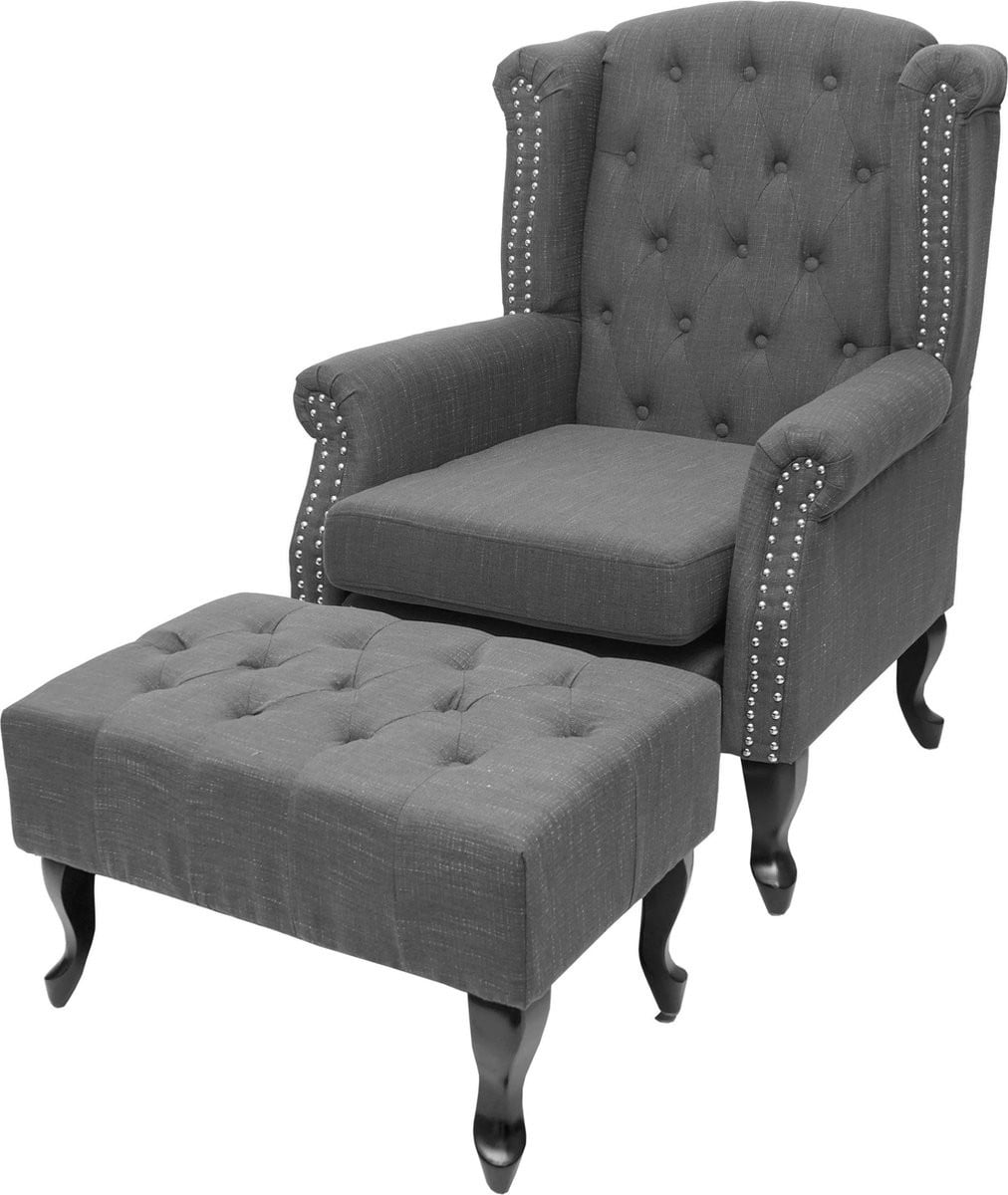 Chesterfield fauteuil met voetenbank in donkergrijs waterafstotende stof