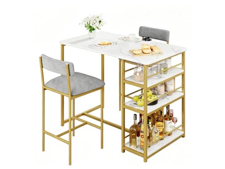 Bartisch Set 3-teilig 2 Personen Polsterstühle mit Ablagen Küche Gepolsterte Sitzflächen, Drei Fächer, Kompakte Bauweise, Für Frühstücksbereich, Moderne Optik