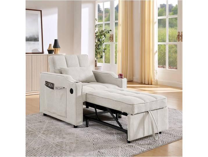 Fauteuil convertible 3-en-1 beige 1 place 190 cm dossier 3 positions USB/USB-C porte-gobelet inox
