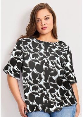 Plus Size Women's Crew Ruffle Hem Top by Avenue in Black Graphic Floral (Size 18)