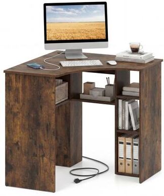 Costway Corner Computer Desk Triangle Home Office Desk with Adjustable Shelf and Arc-Shaped Profile-Rustic Brown