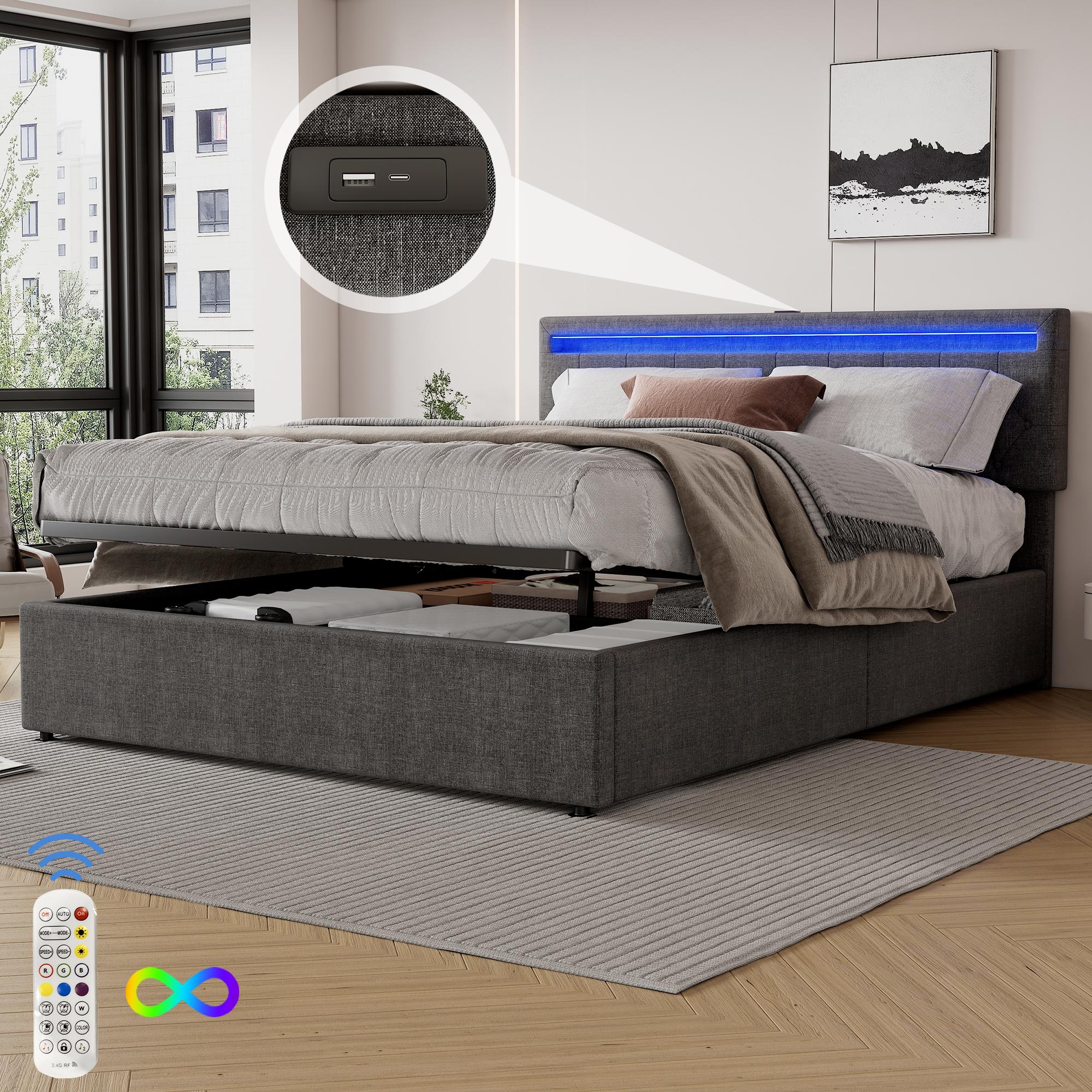 Gepolstertes Flachbett 160x200cm, grau: Ambientebeleuchtung, 24-Tasten-Fernbedienung, Höhenverstellung, USB- und Typ-C-Anschluss, großes Staufach