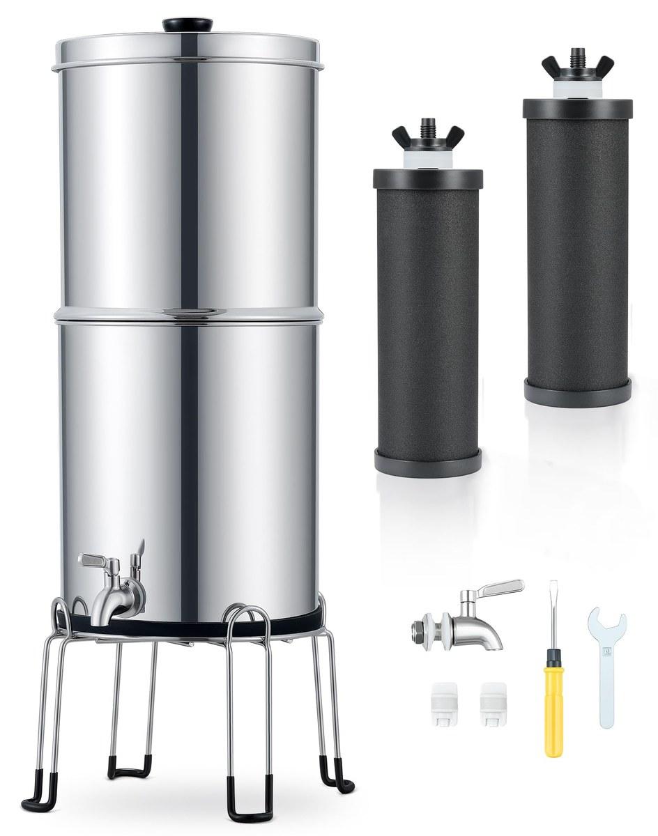 Schwerkraft Wasserfilter Wasserfiltersystem - 8,5 Liter - Edelstahl 304 - 2 Aktivkohlefilter - NSF/ANSI 42