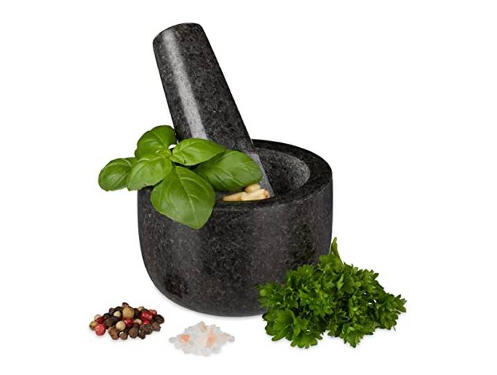 Relaxdays Mortier en Granit avec Pilon\, Robuste\, pour épices\, Herbes\, mortier en Pierre polie\, d. 8\,5 cm\, 400 ML\, Gris