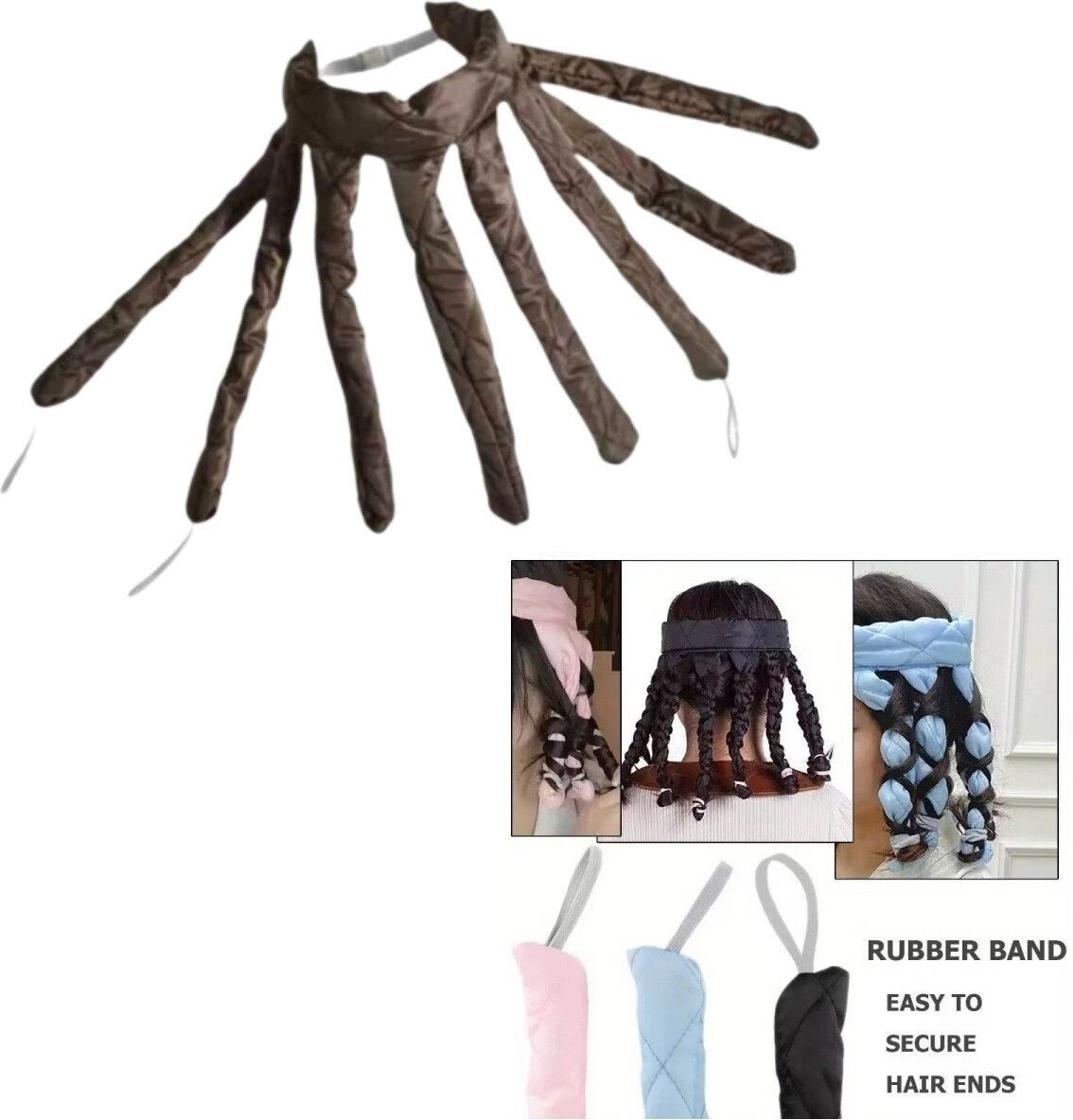 INF 2er-Set wärmefreie Lockenwickler mit Satin Schlafkappe – Übernacht-Styling ohne Hitze, Octopus-Design für natürliche Wellen Kaffee