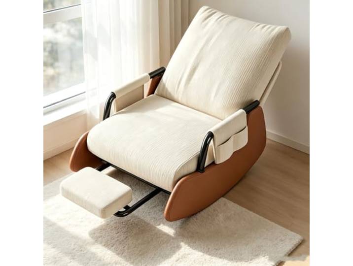 Ergonomischer Ruhesessel für Wohnzimmer und Schlafbereich Sanfte Schaukelbewegung kombiniert mit integrierter Fußablage für ausgewogenen Sitzkomfort.