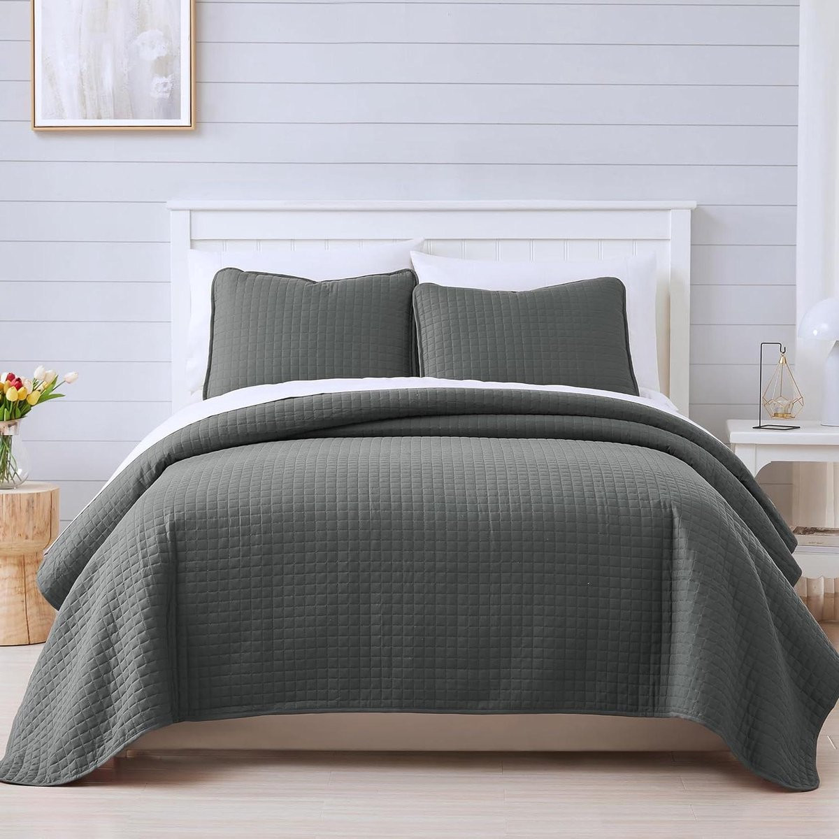 3-delige lichtgrijze microvezel dekbedset met vierkant stikselpatroon voor volwassenen