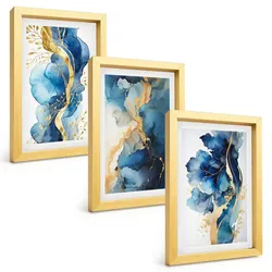 BILDER SET 3er Set - 20x30 cm Goldrahmen - Blaue abstrakte Muster