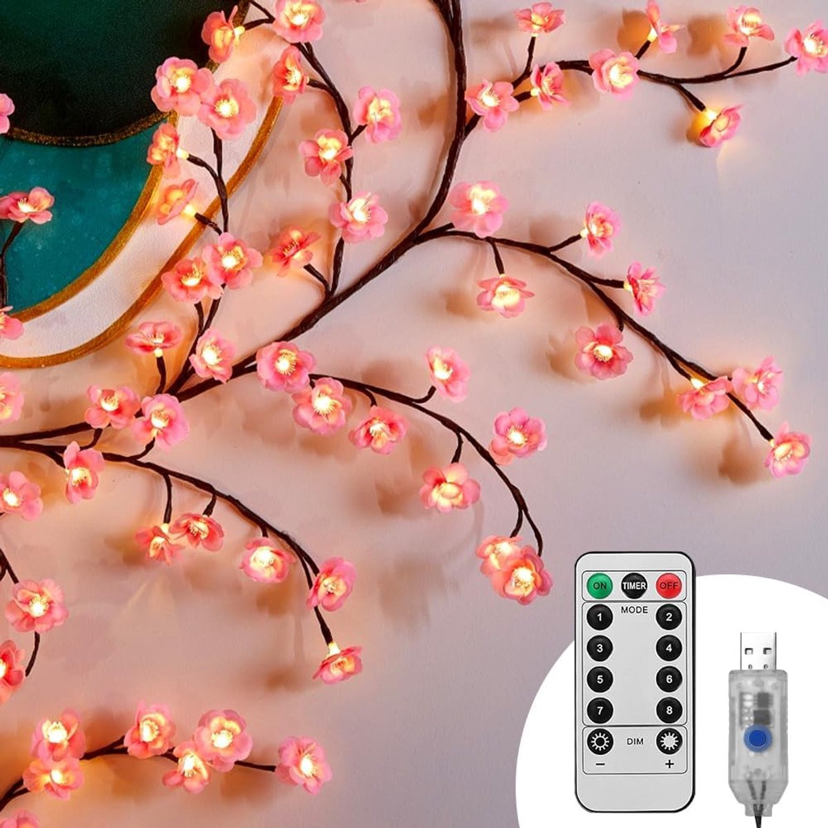 Ynkkvre Kirschblüten Willow Vine Wanddecoratie met 96 LED-lampjes en flexibele takken in wit