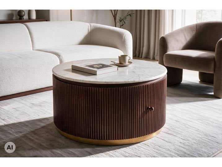 Runder Couchtisch COFFEE TABLE GATSBY 70cm braun weiß Mangoholz Marmor Schublade Sofatisch Wohnzimmertisch Säulentisch Modern & Design