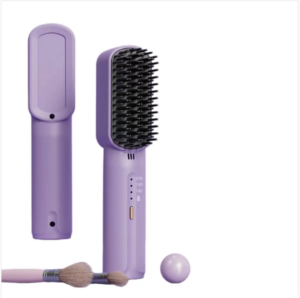 INF Tragbare Mini-Akku-Glättbürste 2-in-1 Locken- und Glättbürste mit Ionen-Technologie, Anti-Verbrennungs-Kamm und 3 Violett