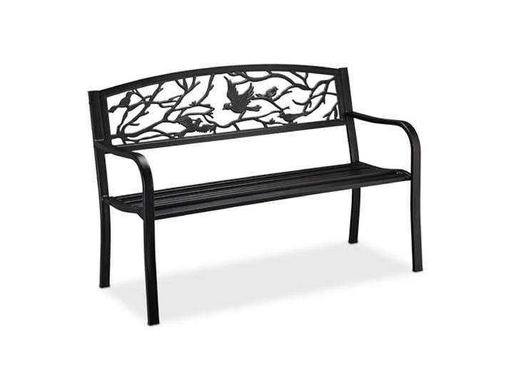Relaxdays Gartenbank, Vögel Muster, 2-Sitzer, Vintage, schwarz
