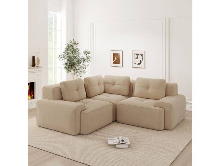 WUVRIE Canape d angle modulable 3 places en tissu cotele beige assise profonde 74 cm sans montage