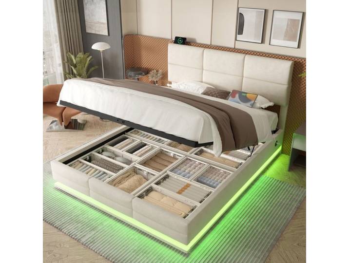 Structure de lit - Lit 140x200 cm - LED - lit double 140x200 cm - USB - lit adulte - Beige