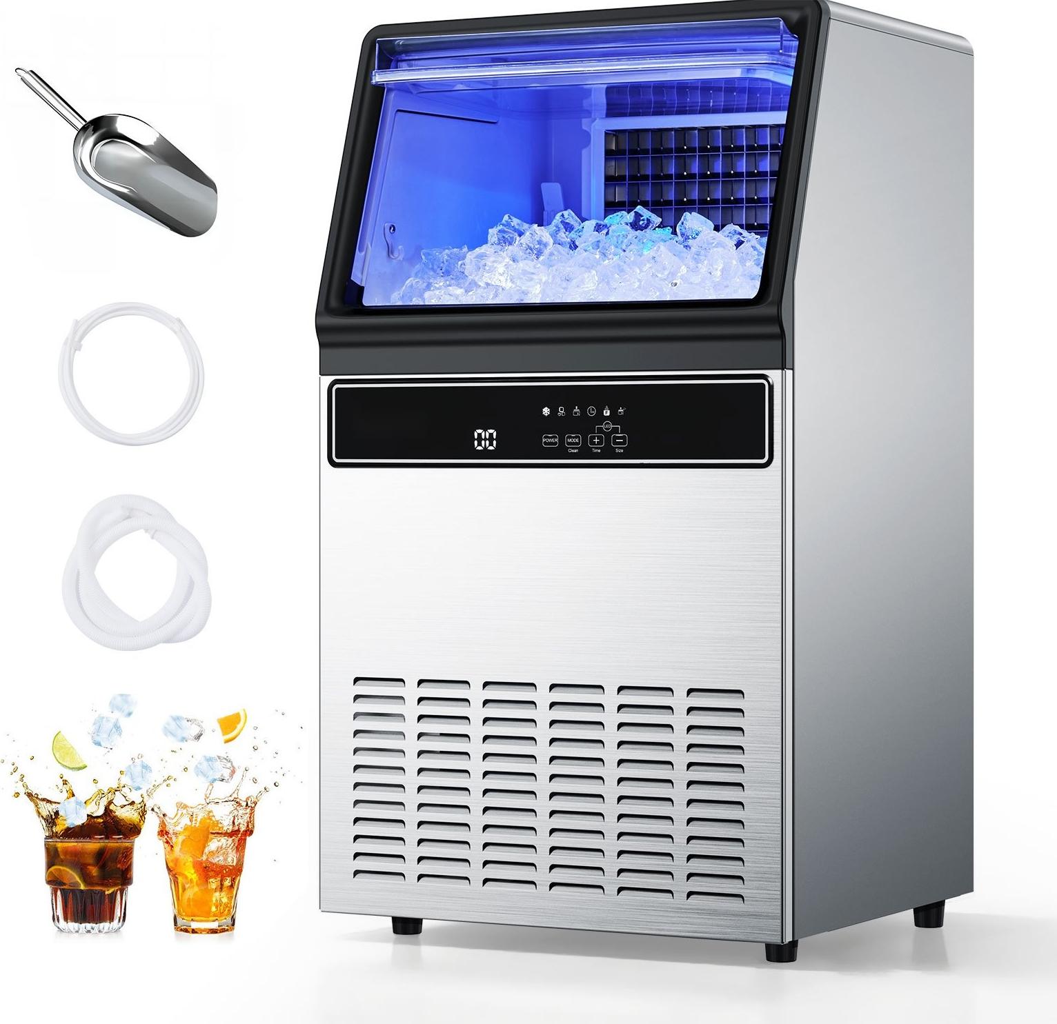 Gewerbliche Eiswürfelmaschine - Eiswürfelbereiter - 59 kg/24 h Eisproduktion - 15 kg Vorratsbehälter - Unterbau oder Freistehend - Edelstahl - LED-Anzeige - Selbstreinigung