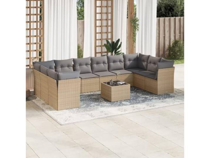 KTHLBRH Gartenmöbel-Set 11-teilig mit Kissen beige aus Polyrattan Modulare Sessel, Couchtisch aus gehärtetem Glas, waschbare Bezüge, für Terrasse und Terrasse