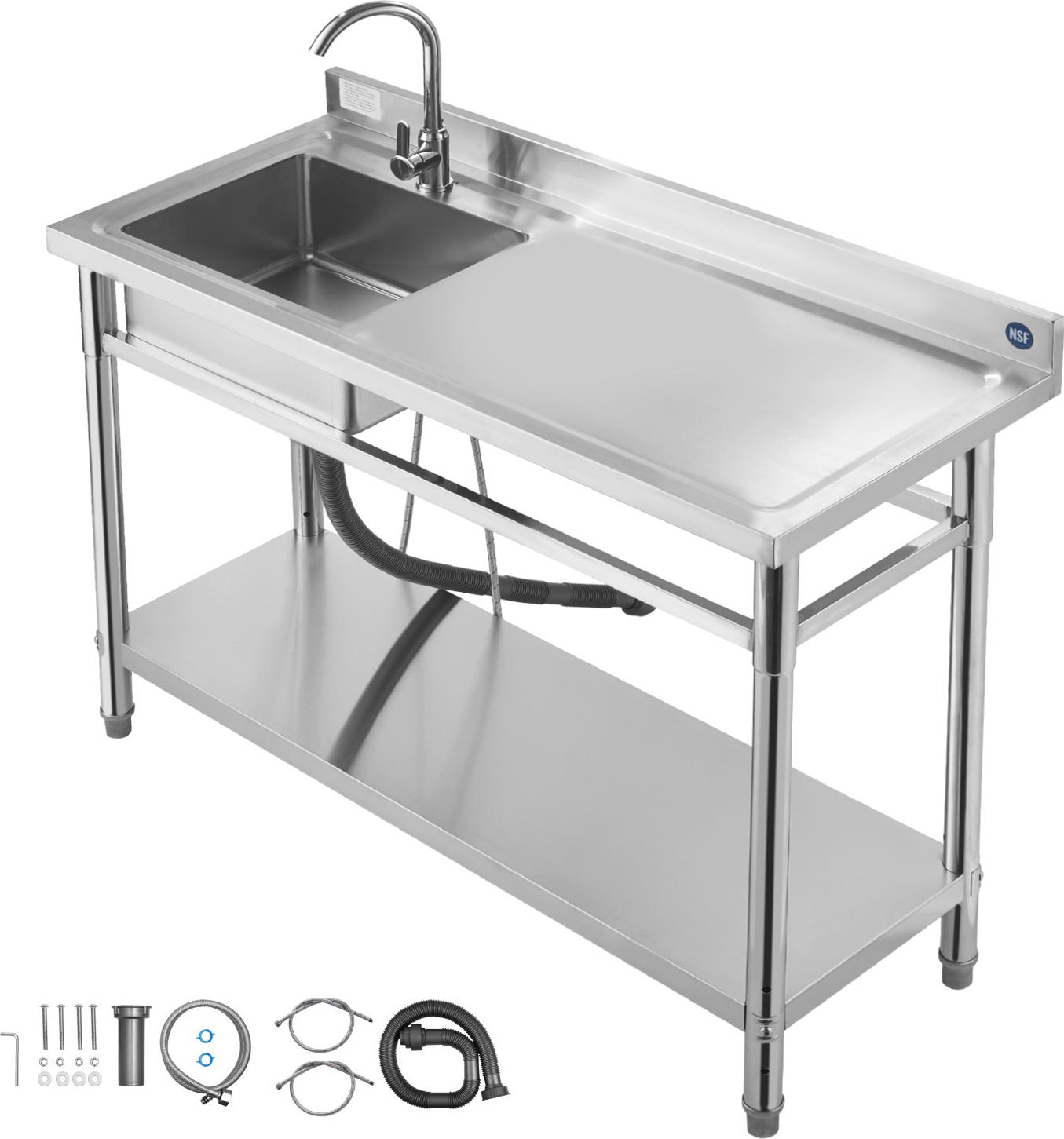 Spültisch Spülbecken Edelstahl (120 x 50 x 94 cm), Einzelbecken mit Wasserhahn & Ablage, Küchenspüle für Garage Restaurant Wäscherei