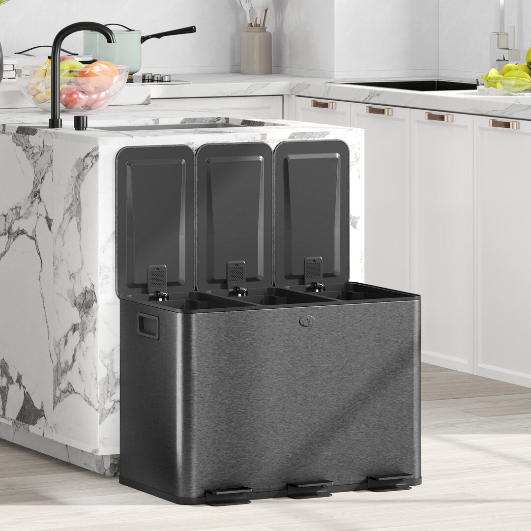 Latitude Run HOMCOM 3 x 20L Triple Kitchen Bin Pedal Bin for Recycling and Waste, Black Black 60L