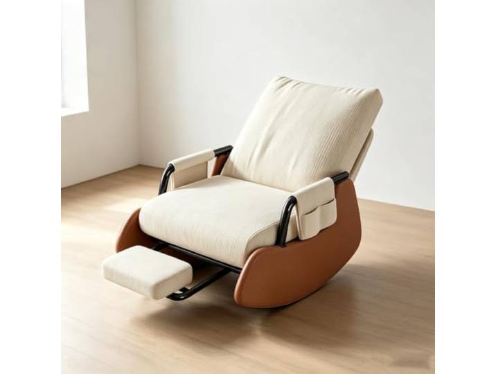 Relaxsessel mit Hocker mit Gepolsterten Armlehnen Wohnzimmersessel mit harmonischer Wippfunktion und durchdachter Seitenaufbewahrung.
