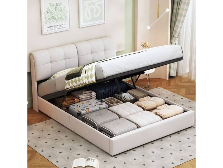 Lit coffre 140×200 cm - ADWOLT - LED - tissu en velours - lit double 140x200cm - beige