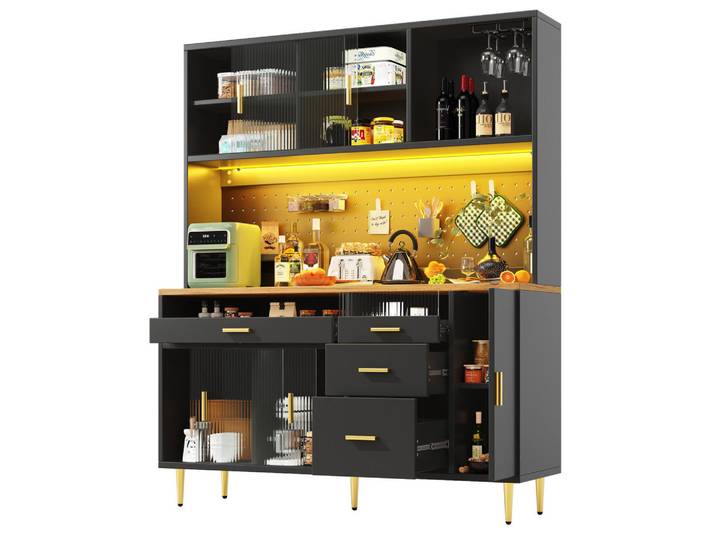 Flora Grace Buffet 145/39/171 cm in Schwarz mit LED-Beleuchtung und Glasschiebetüren, 145x171x24 cm, Esszimmer, Anrichten, Buffetschränke