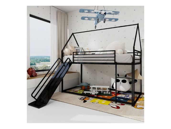 Odikalo Etagenbett Kinderbett Hochbett Bettgestell Hausbett Rutsche Leiter Schwarz