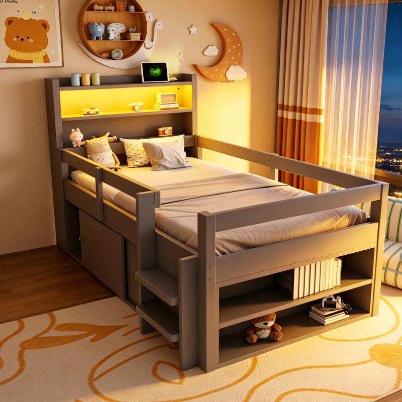Kinderbett 90x200cm aus Holz mit Stauraum, LED-Beleuchtung und USB-Anschlüssen, Einzelbett mit Schränken, Schiebetüren und Ablagen