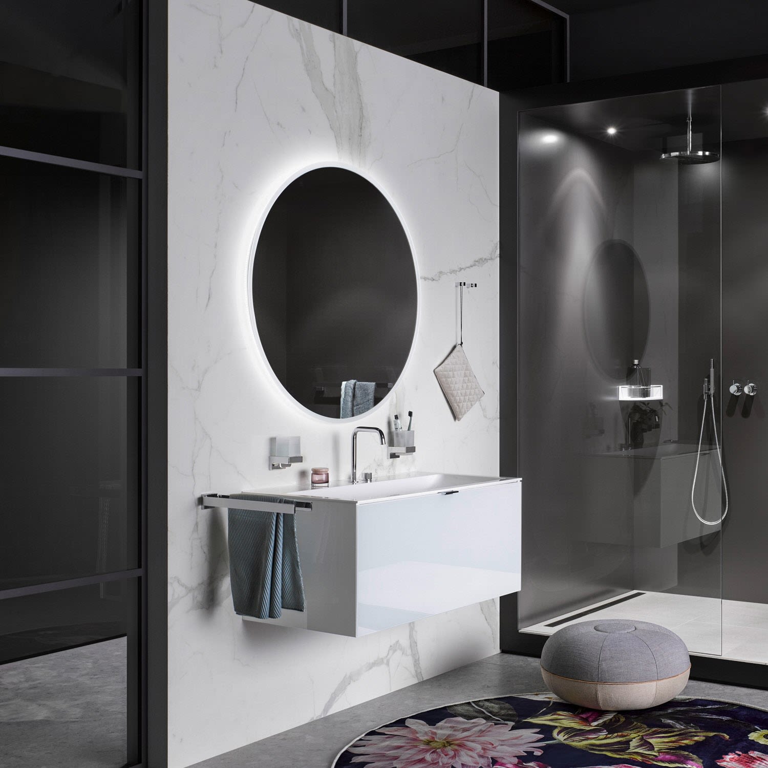 Emco Pure + Badezimmerspiegel Ø 79 cm mit Heizfolie und umlaufender Mattierung